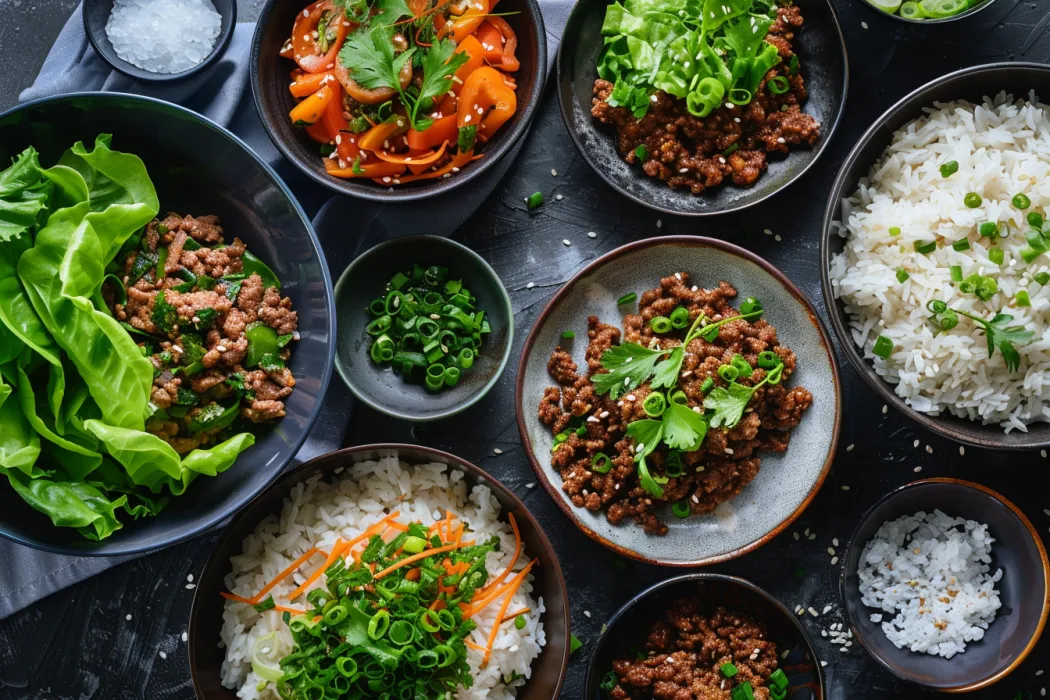 ground beef bulgogi recipe. Showing different ways of serving ground beef bulgogi including lettuce wraps and rice bowls.