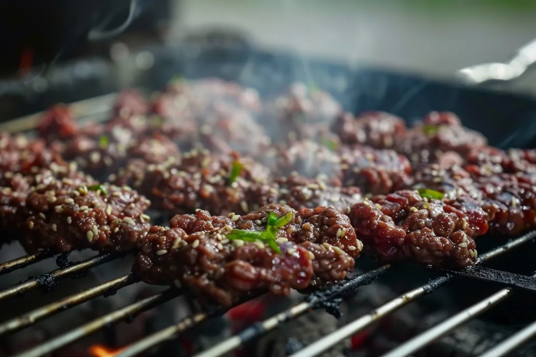 What cut of meat is used for Beef Bulgogi? Ground beef bulgogi being grilled.