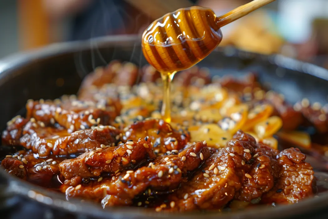 Why is bulgogi so sweet? Honey being poured into bulgogi sauce using honey dipper stick.