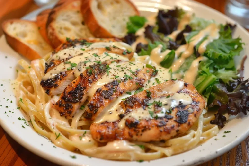 blackened chicken alfredo recipe. The best sides to serve with chicken alfredo such as garlic bread and fresh green salad on the plate.