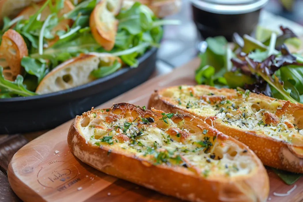 blackened chicken alfredo recipe. Showing the sides that can be served with chicken alfredo including garlic bread and fresh green salad.