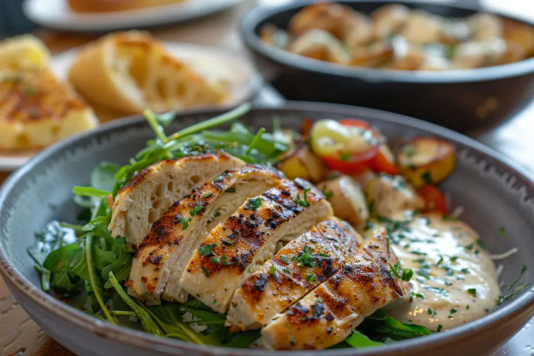 What does blackened mean in chicken? Chicken alfredo served with fresh green salad.