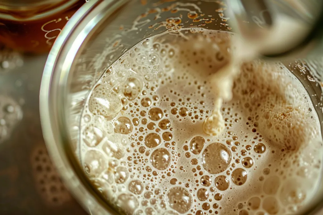 sourdough rye bread recipe. Sourdough started using rye showing the process of fermentation.