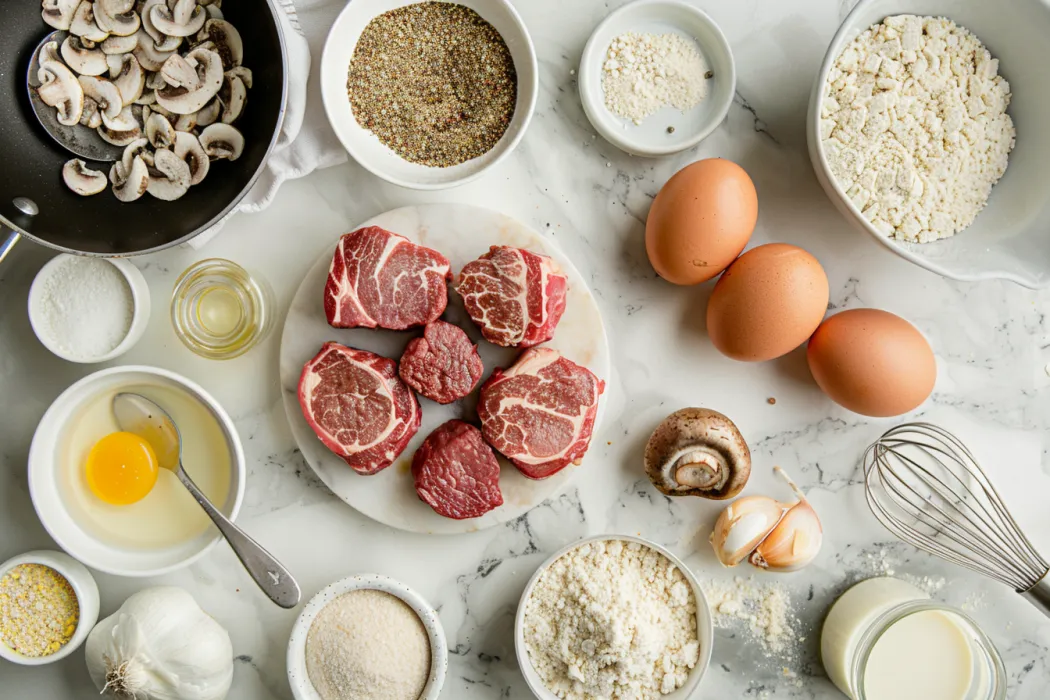 What is the difference between country fried steak and Salisbury steak? Showing the ingredients needed for both steaks.