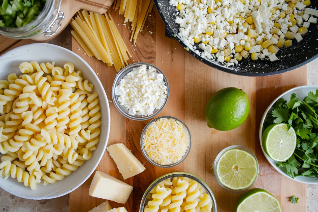 mexican street corn pasta salad recipe. Showing the ingredients.