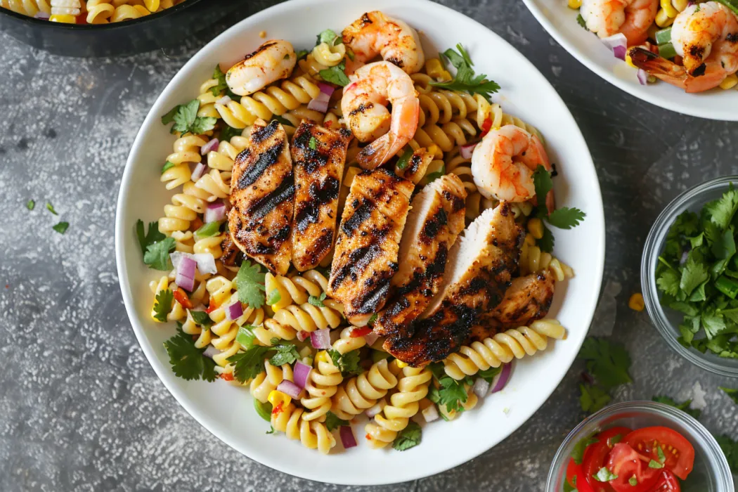 mexican street corn pasta salad recipe. Showing variation of toppings to add to the dish such as grilled chicken and shrimp.