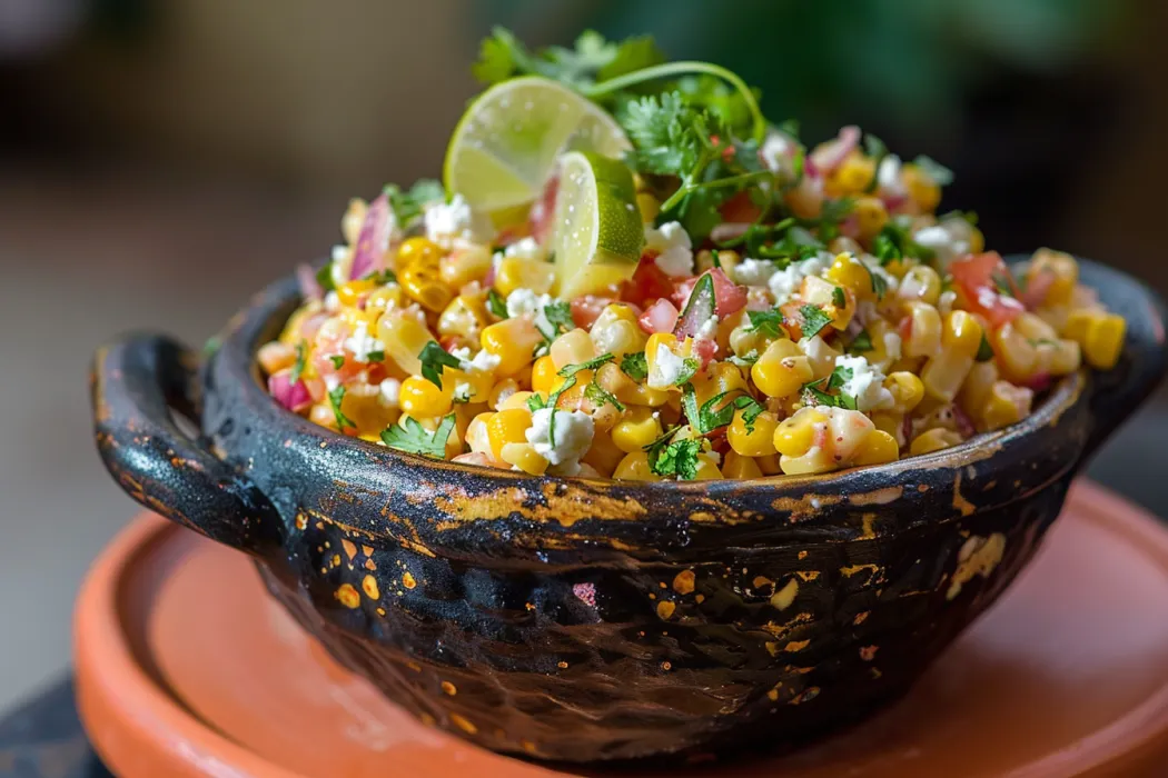 What is Mexican street corn made of? Mexican street corn salad (Elote en Vaso).