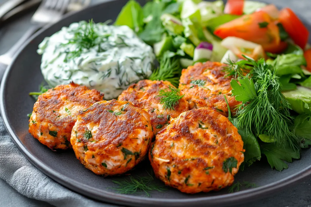 Salmon cakes recipe. Salmon cakes served with salad.