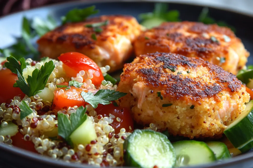 What do you serve with salmon cakes? salmon cakes served with quinoa salad.