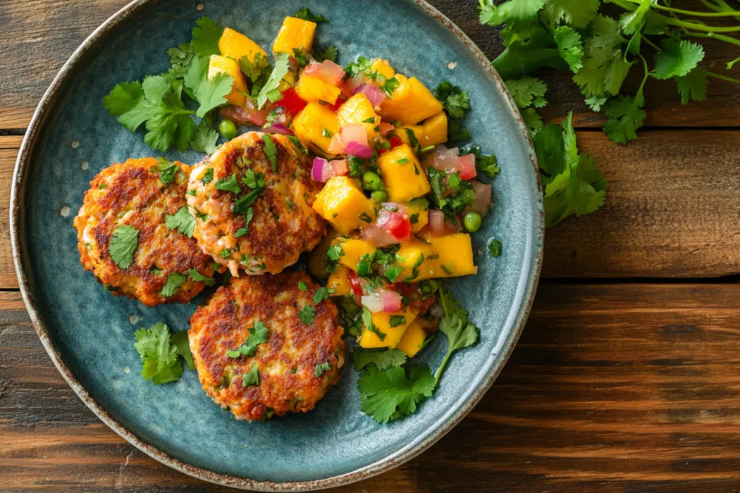 What do you serve with salmon cakes? salmon cakes served with mango salsa.