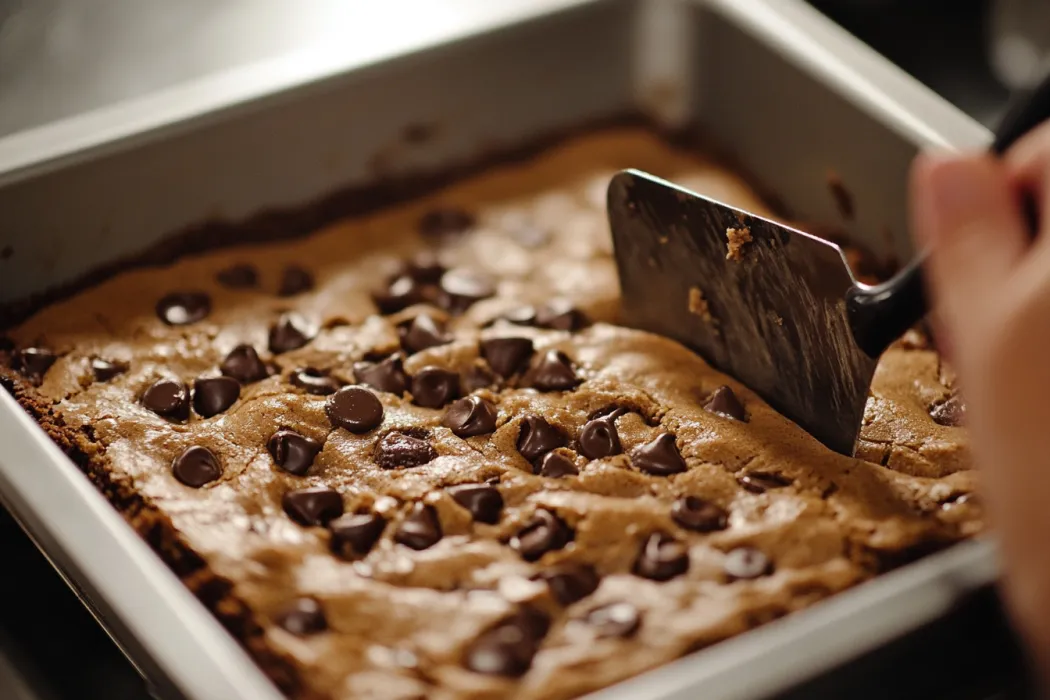 brookie recipe. spreading the dough across the pan.