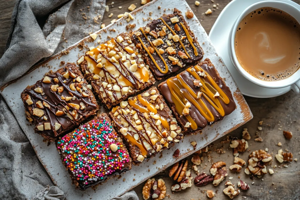 How to make a bronkie? Bronkie variations with different toppings including a drizzle of caramel, chopped nuts, and colorful sprinkles, alongside a cup of coffee.