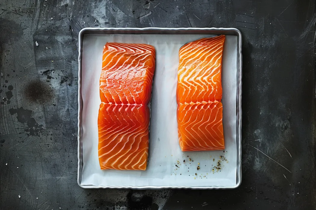 Comparing two types of salmon side by side, wild and farmed. 