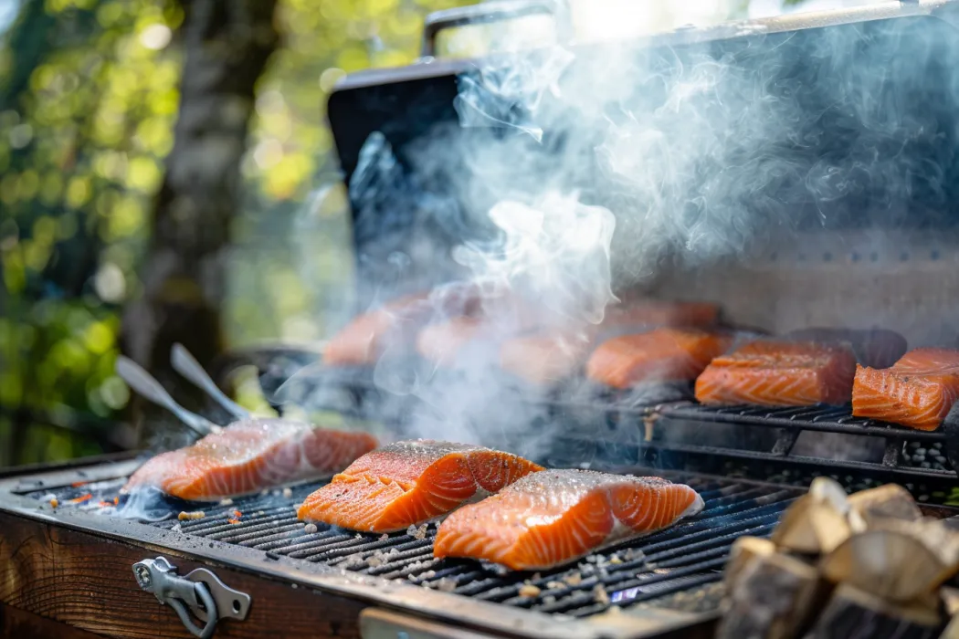 Smoked salmon being grilled outdoor in a BBQ grill