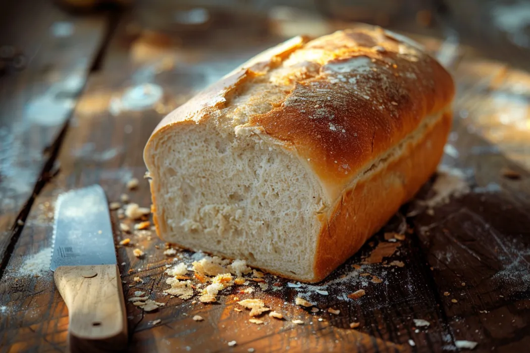 Sliced sandwich bread with the slicing knife next to it.