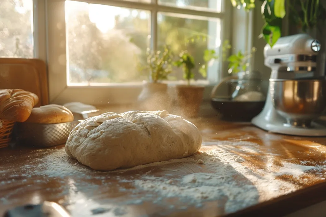 Step by step guide to making sandwich bread. A sandwich bread dough with baking instruments like a mixer behind it.