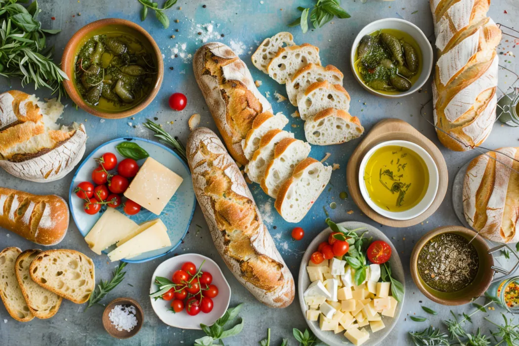 Different types of bread from different cultures including French baguette