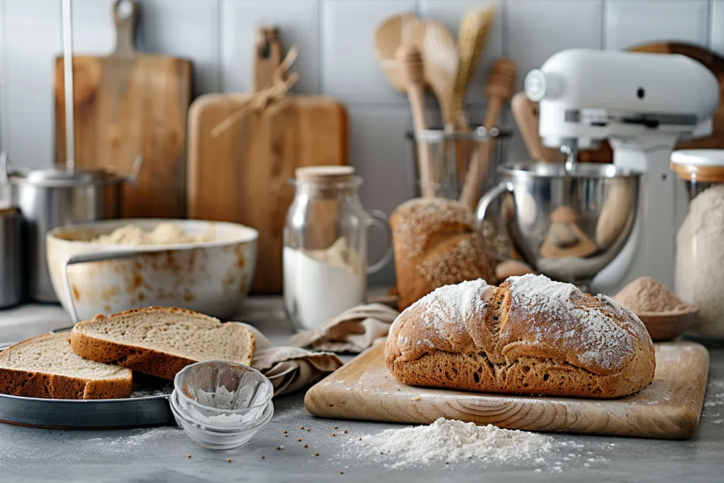 Homemade sandwich bread with the ingredients and instruments like mixer and flour