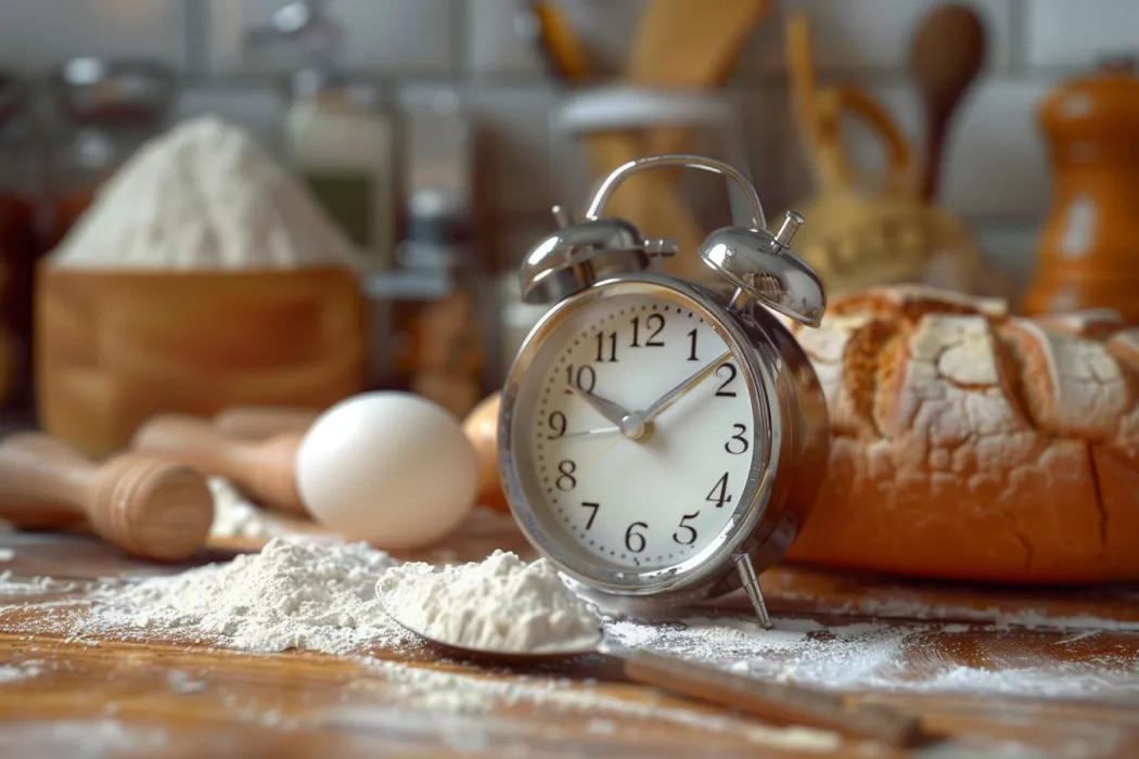 A kitchen timer with sandwich bread in the background indicating the time commitment it takes to bake it