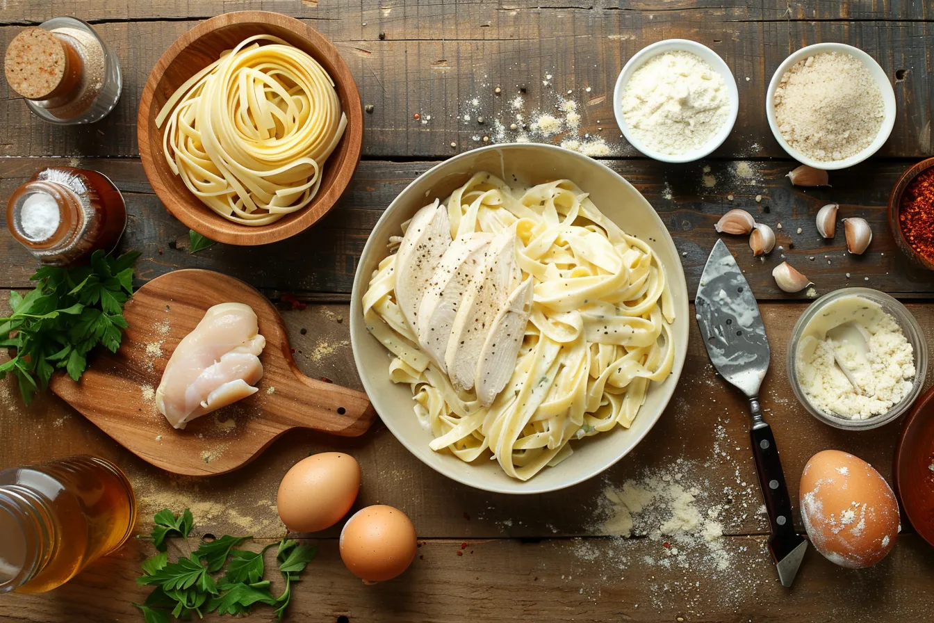 blackened chicken alfredo recipe. The ingredients for blackened chicken alfredo such as chicken breast, fettuccine pasta and cajun seasoning.