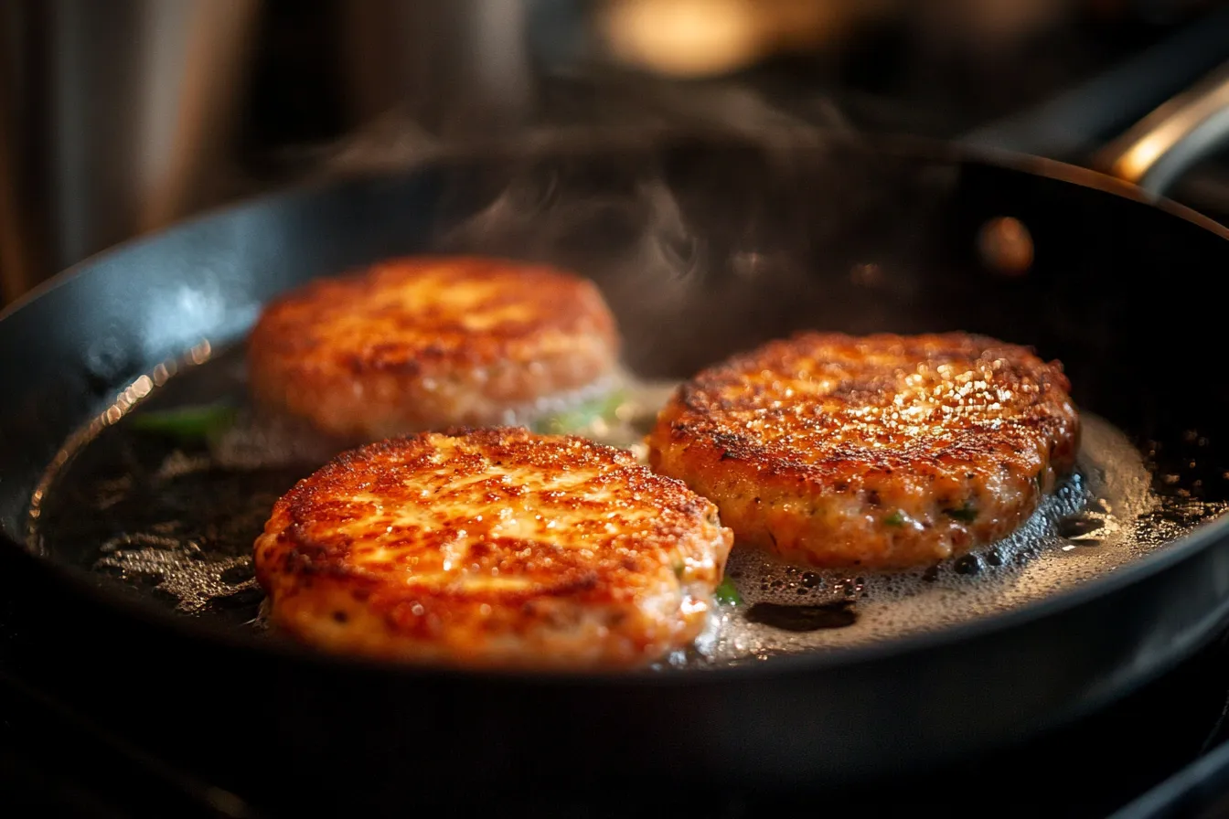 What are the ingredients in salmon cakes? Cooking techniques. Salmon cake patties cooked on a skillet.